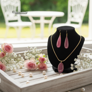 Rose Sparkle Resin Jewelry Set – Pink Glitter Pendant & Drop Earrings with Gold Chain