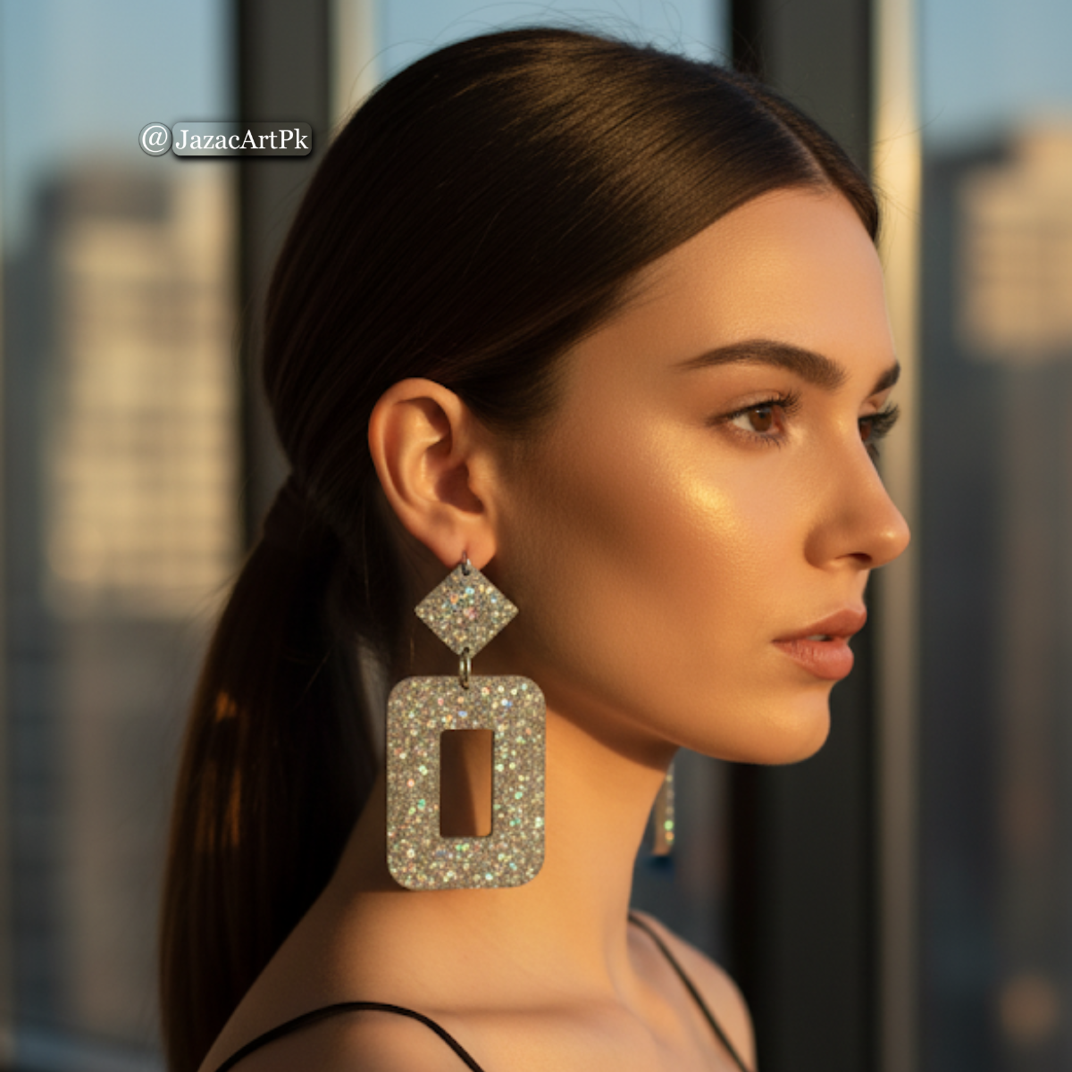 Shiny Silver Resin Earrings – Large Rectangle Drop with Glitter Sparkle - Image 2