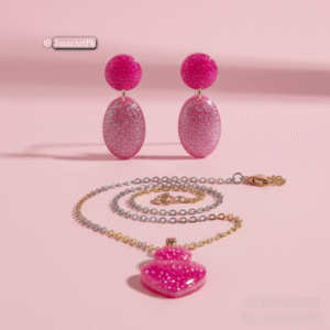 Shimmering Pink Resin Set – Sparkly Oval Earrings & Heart Pendant Necklace