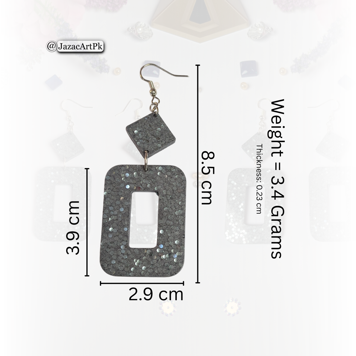 Shiny Silver Resin Earrings – Large Rectangle Drop with Glitter Sparkle - Image 11