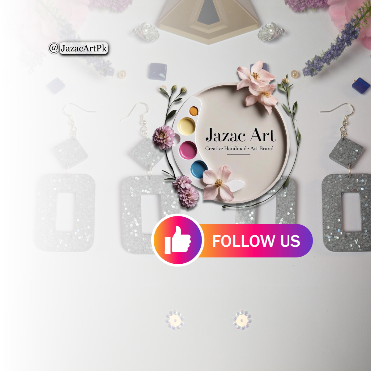 Shiny Silver Resin Earrings – Large Rectangle Drop with Glitter Sparkle - Image 12