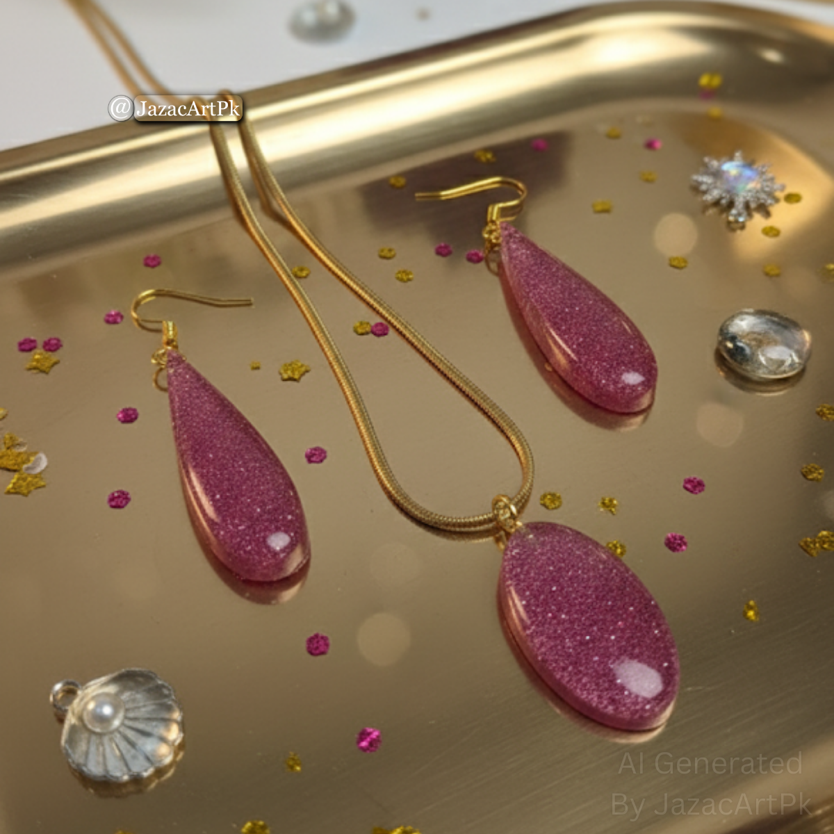 Rose Sparkle Resin Jewelry Set – Pink Glitter Pendant & Drop Earrings with Gold Chain - Image 3