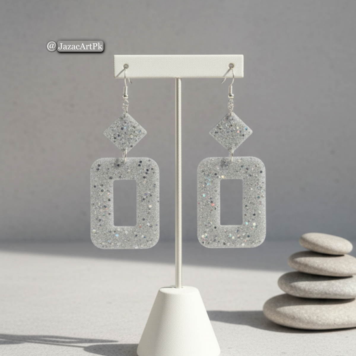 Shiny Silver Resin Earrings – Large Rectangle Drop with Glitter Sparkle - Image 3