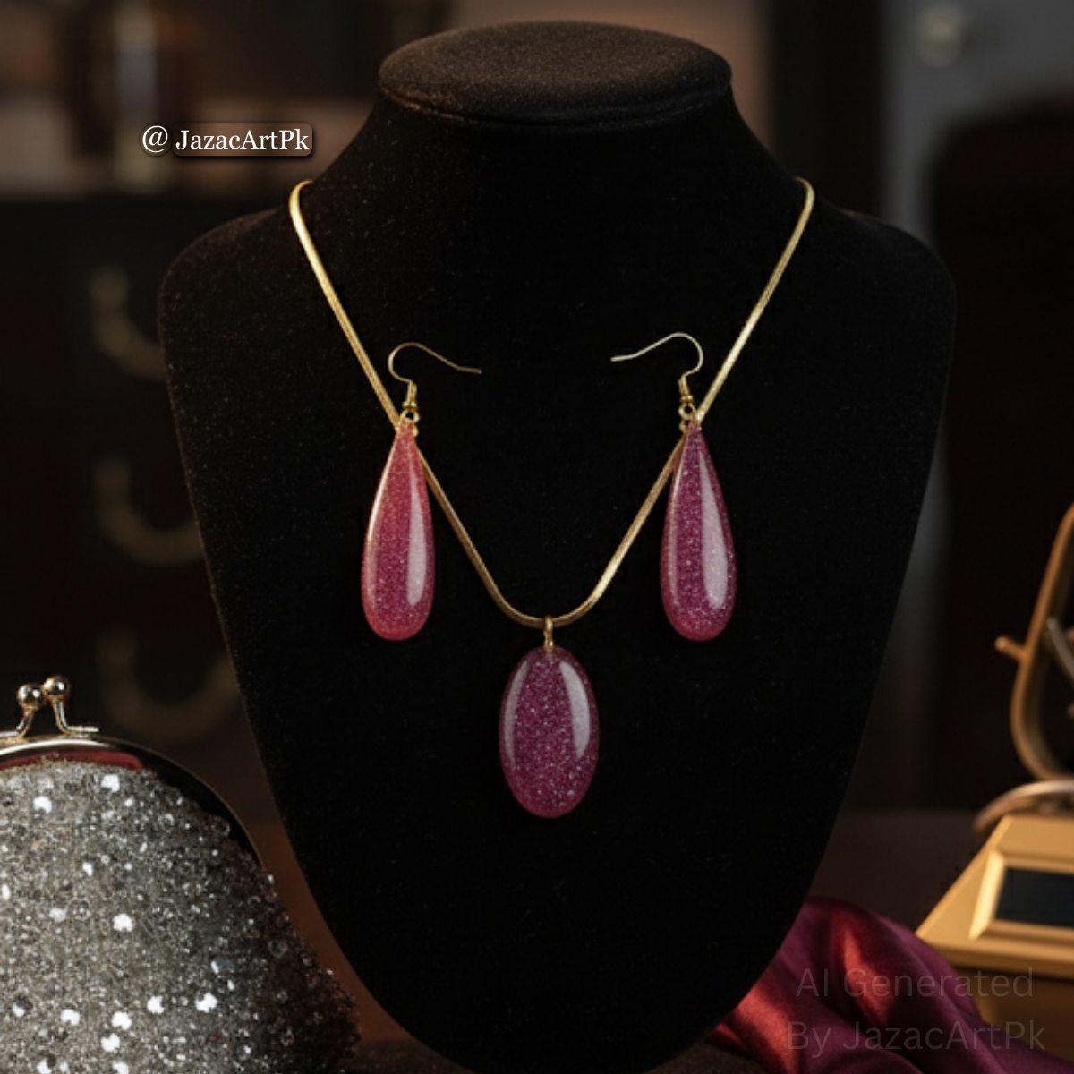 Rose Sparkle Resin Jewelry Set – Pink Glitter Pendant & Drop Earrings with Gold Chain - Image 4