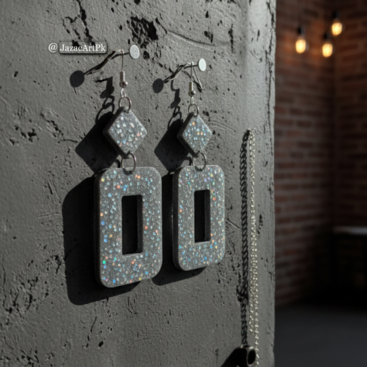 Shiny Silver Resin Earrings – Large Rectangle Drop with Glitter Sparkle - Image 4