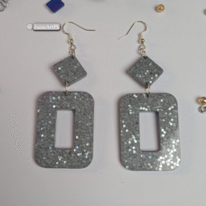 Shiny Silver Resin Earrings – Large Rectangle Drop with Glitter Sparkle