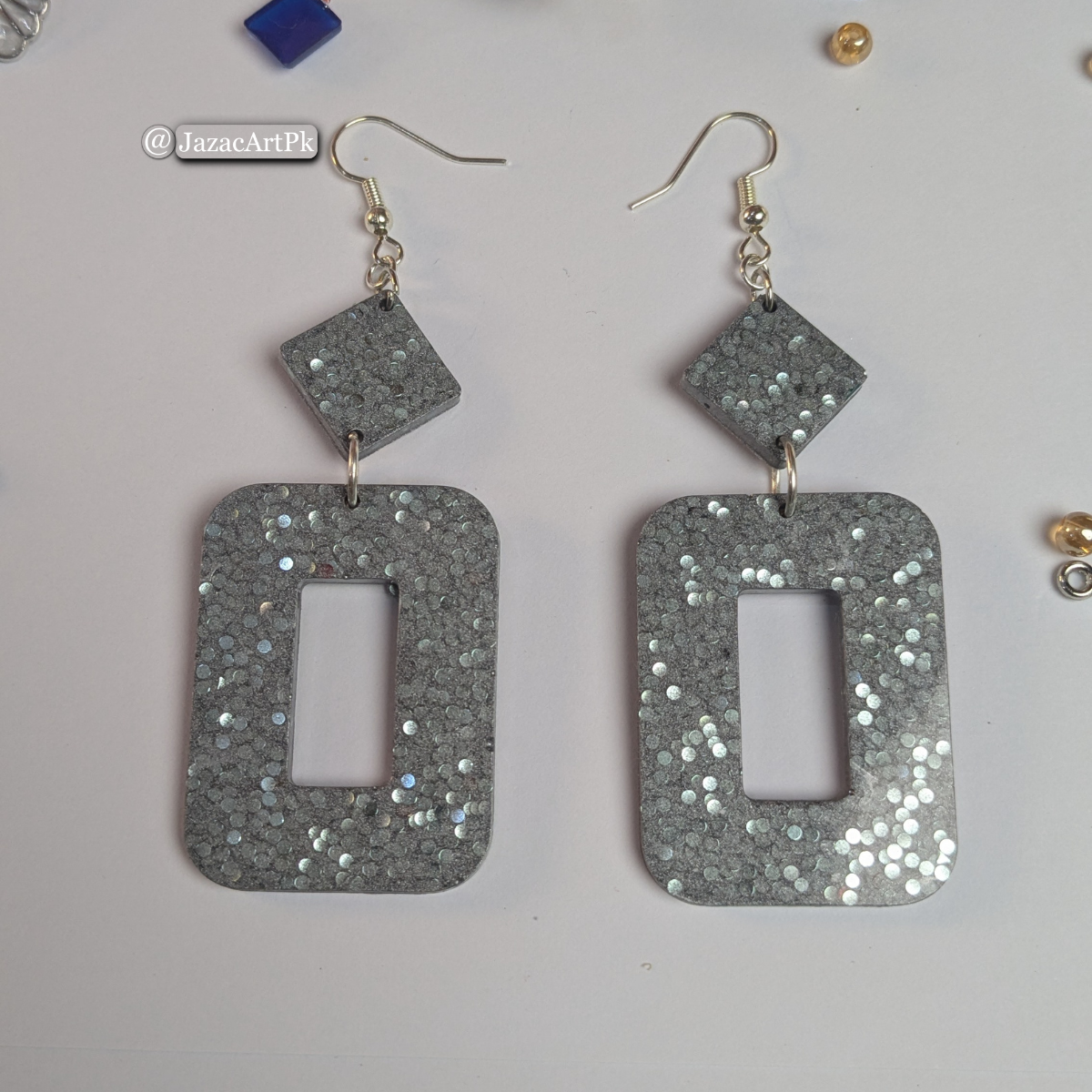 Shiny Silver Resin Earrings – Large Rectangle Drop with Glitter Sparkle