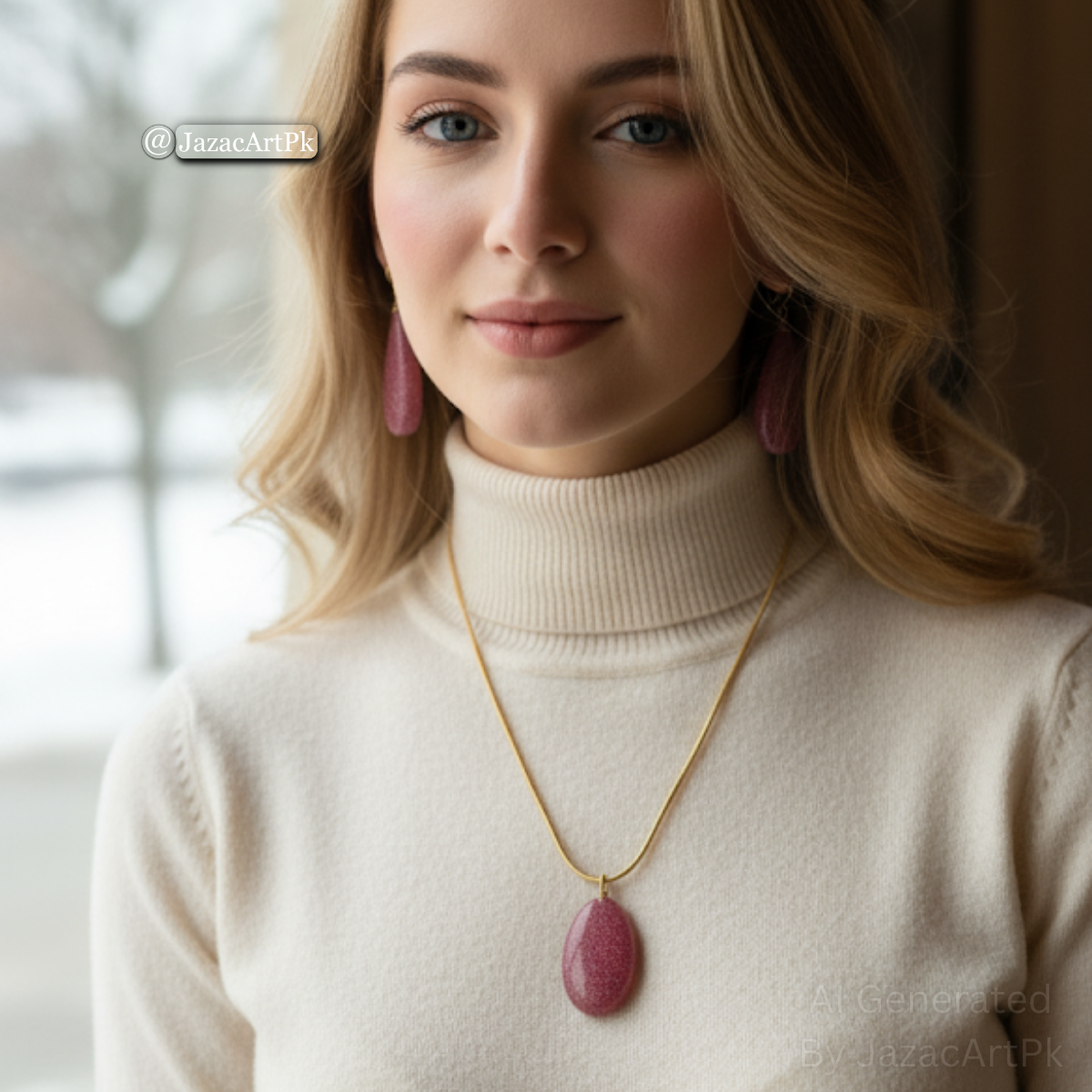 Rose Sparkle Resin Jewelry Set – Pink Glitter Pendant & Drop Earrings with Gold Chain - Image 5