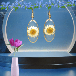 Golden Oval Resin Earrings with Real OffWhite Pressed Flowers