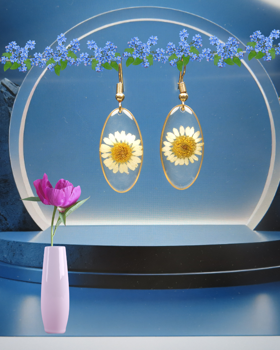 Golden Oval Resin Earrings with Real OffWhite Pressed Flowers