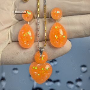 Neon Orange Glitter Resin Jewelry Set: Heart Pendant & Teardrop Earrings