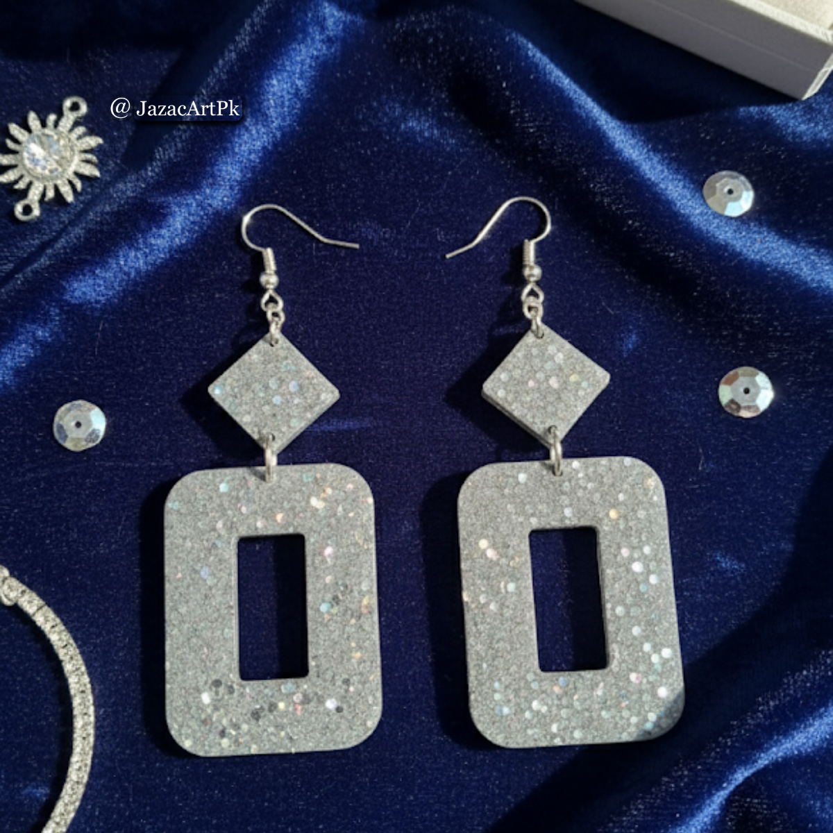 Shiny Silver Resin Earrings – Large Rectangle Drop with Glitter Sparkle - Image 6