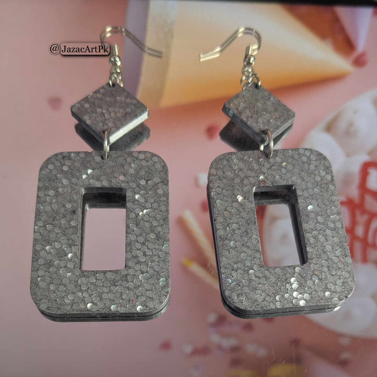 Shiny Silver Resin Earrings – Large Rectangle Drop with Glitter Sparkle - Image 7