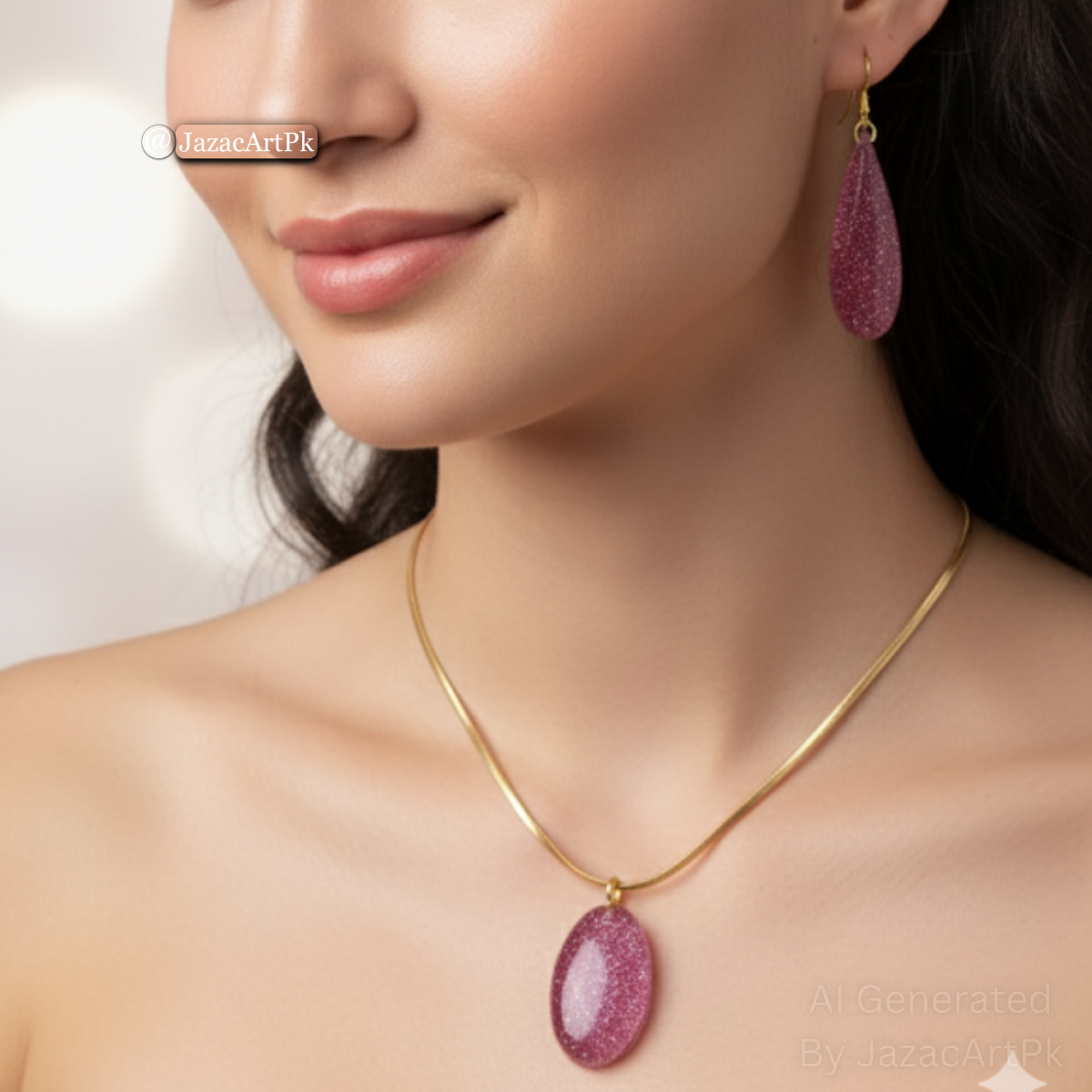 Rose Sparkle Resin Jewelry Set – Pink Glitter Pendant & Drop Earrings with Gold Chain - Image 7