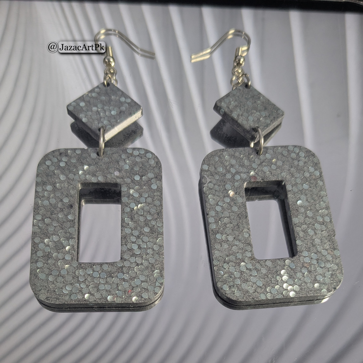 Shiny Silver Resin Earrings – Large Rectangle Drop with Glitter Sparkle - Image 8