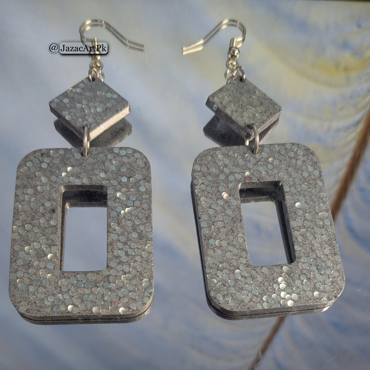 Shiny Silver Resin Earrings – Large Rectangle Drop with Glitter Sparkle - Image 9