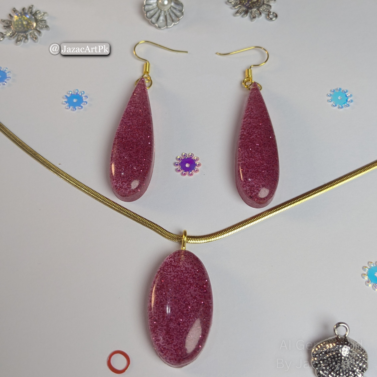 Rose Sparkle Resin Jewelry Set – Pink Glitter Pendant & Drop Earrings with Gold Chain - Image 9
