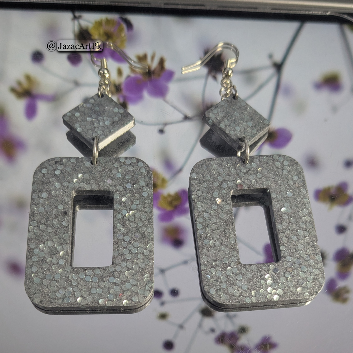 Shiny Silver Resin Earrings – Large Rectangle Drop with Glitter Sparkle - Image 10
