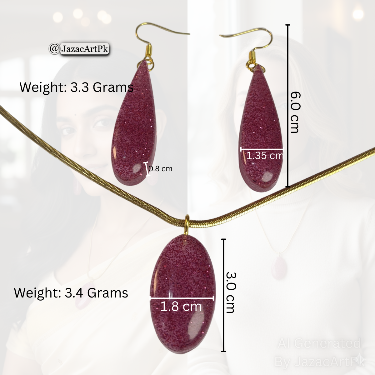 Rose Sparkle Resin Jewelry Set – Pink Glitter Pendant & Drop Earrings with Gold Chain - Image 10
