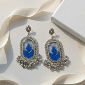Royal Blue Leaf Resin Earrings with Silver Foil Flakes and Silver Beads | Handmade Statement Jewelry for Women