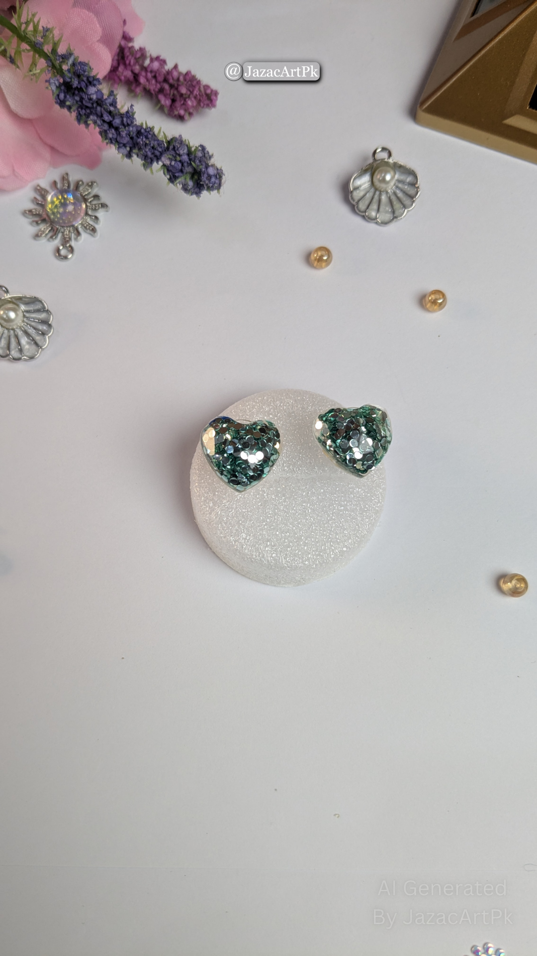 Green Glitter Heart Resin Stud Earrings – Lightweight Sparkle Jewelry - Image 5