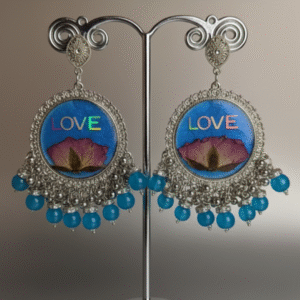 Blue Resin Earrings with Pressed Flower and “LOVE” Letter Design | Handmade Stainless Steel Frame Earrings