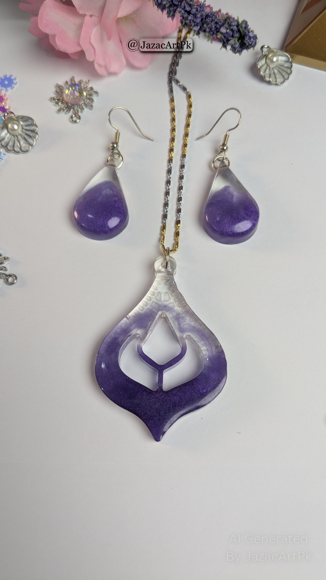 Royal Purple Glow Resin Jewelry Set – Handmade Pendant & Earrings - Image 5
